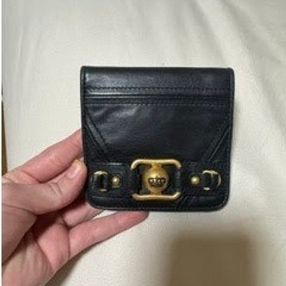 Juicy Couture Black Leather Bifold Wallet Gold Crown Logo Charge It Y2K Vintage